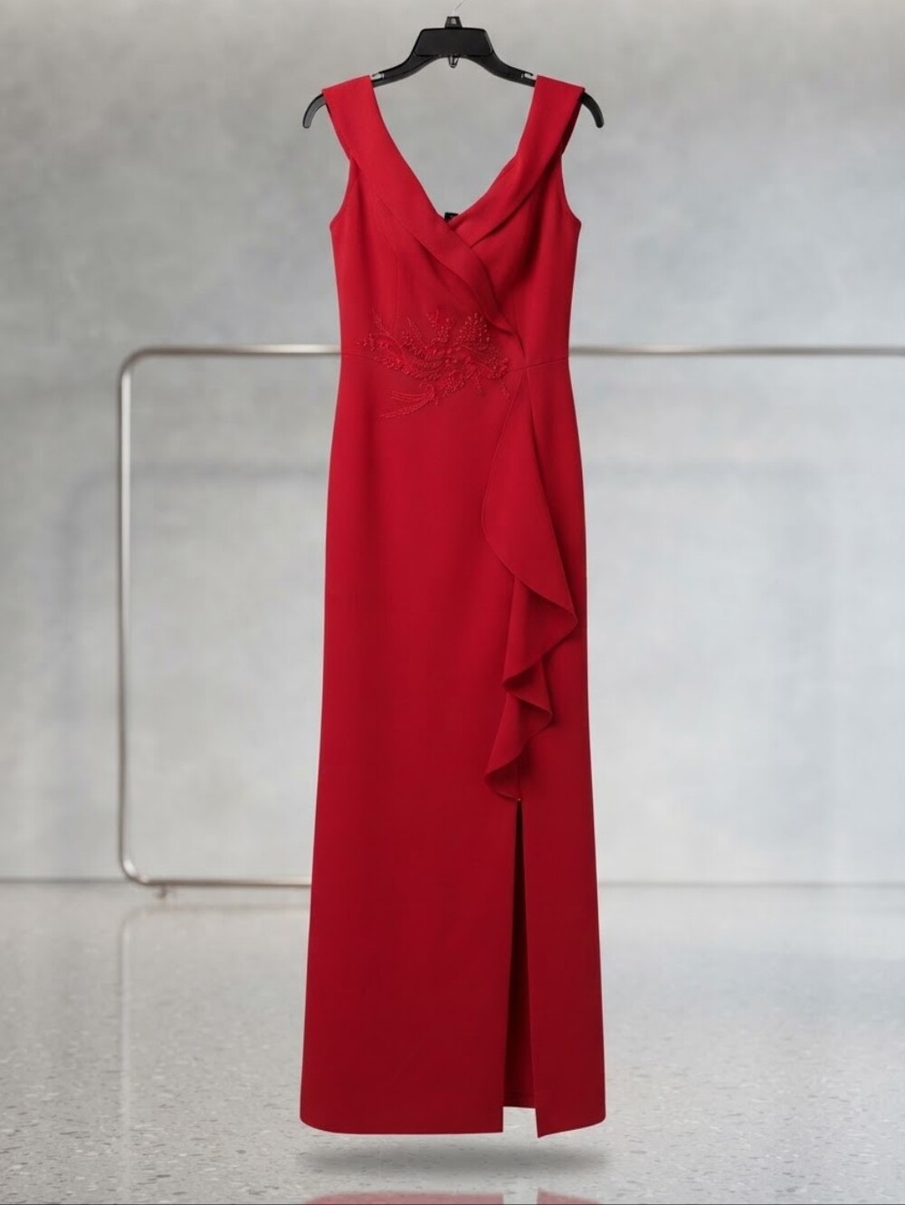 Elegant V-Neck Red Maxi Dress with Ruffle Accent